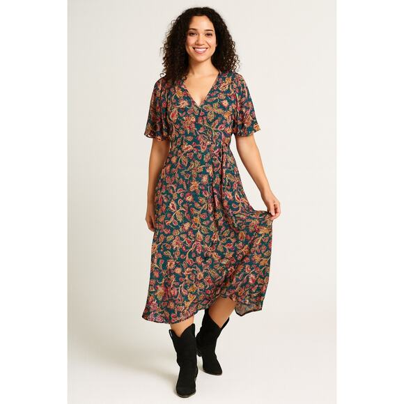 Boden Paisley Midi Dress | Green Pink Boho Print Flowy V-Neck | Boho Size 4R - Picture 1 of 12